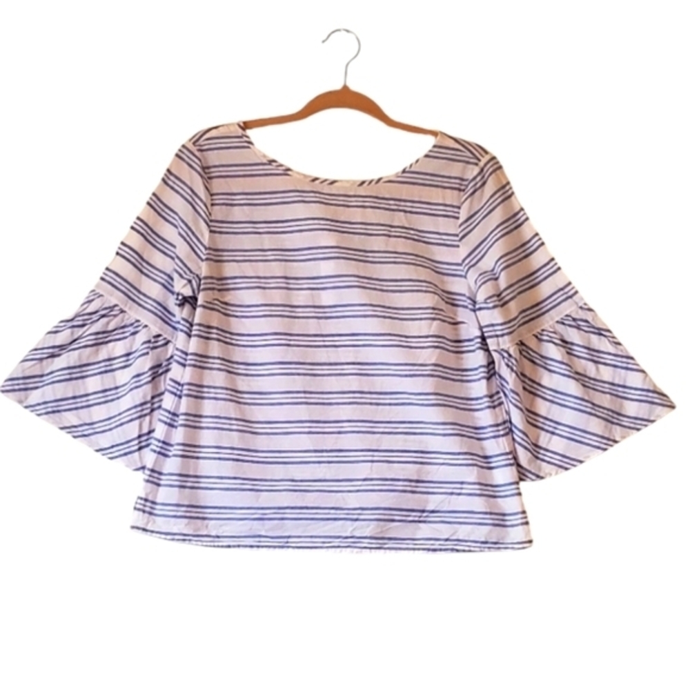 J. Crew Cotton White Blue Striped Top Bow Flare Sleeve Size 6 Women